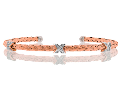 Italian Silver basketweave 3mm cuff bracelet with “three kisses” stations