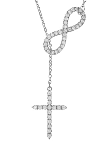 Infinity/Eternity Cross Charm silver slide “Y” necklace with pave’ cross drop